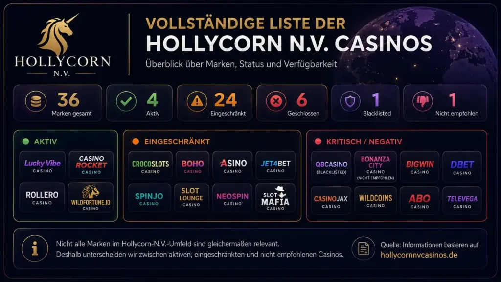 Vollständige Liste der Hollycorn N.V. Casinos